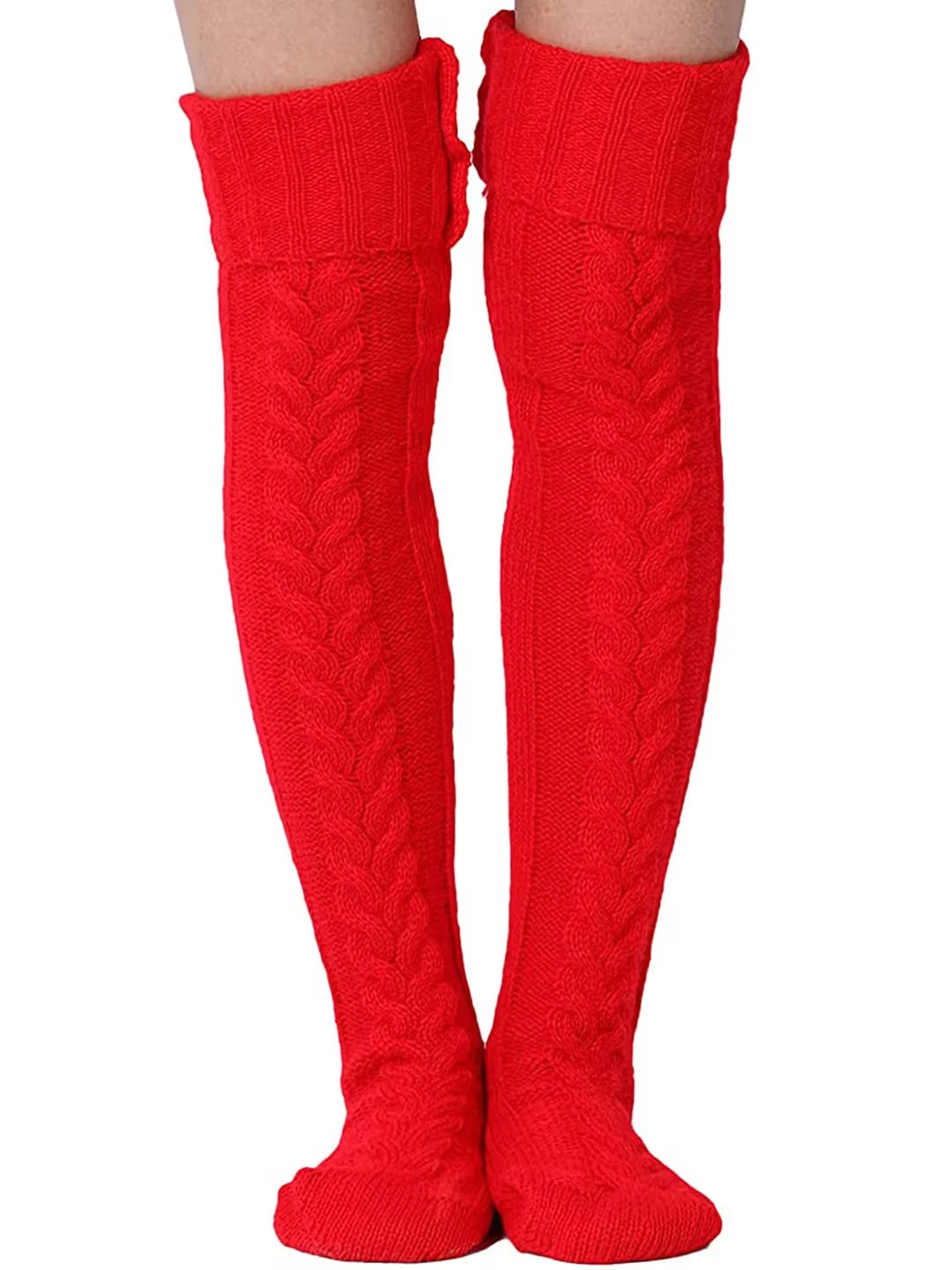 Felcia Women's Long Boot Stocking Twist Knit Socks – Winter Warm Red One Size