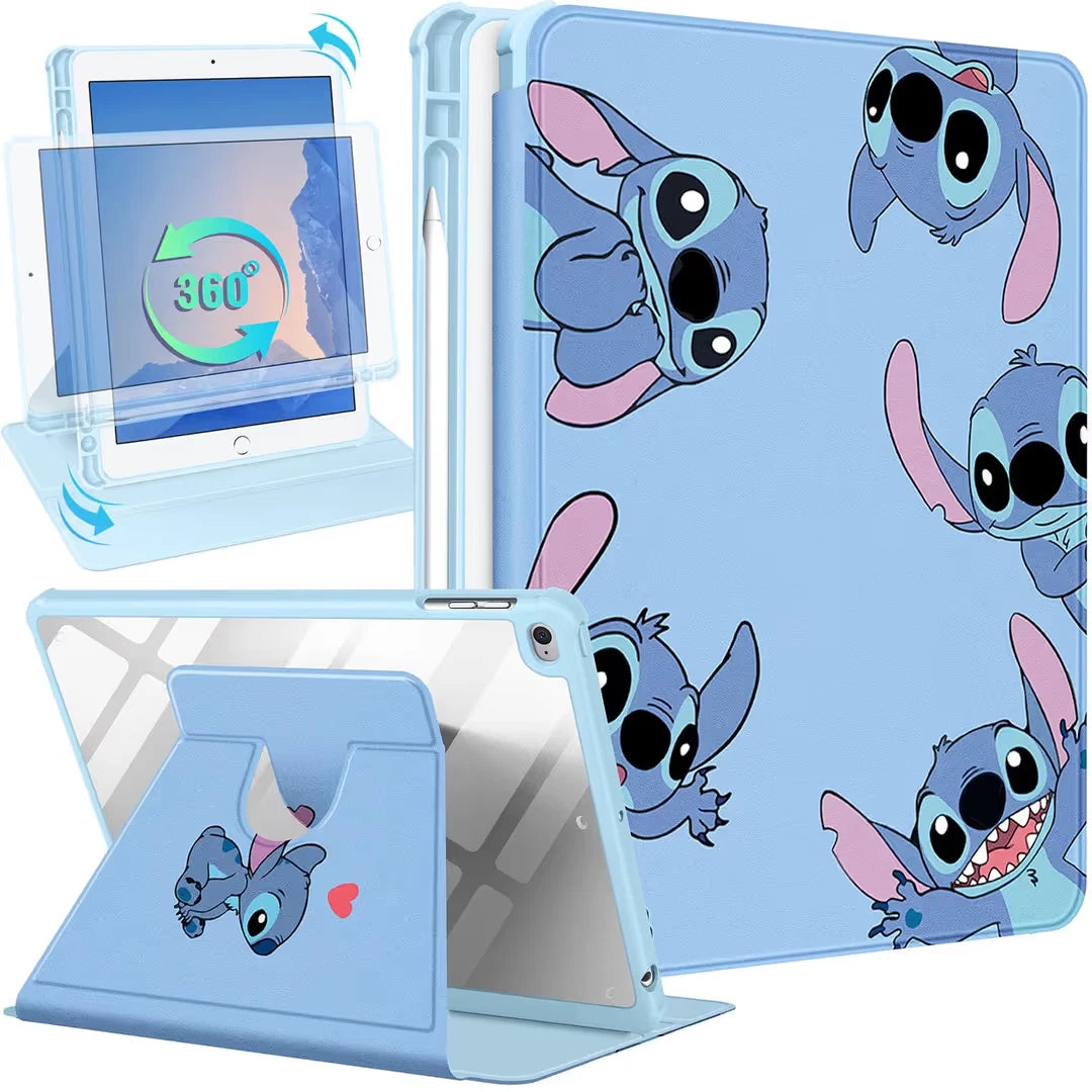 iPad 9.7in Case 360° Rotating Folio Stand Fun Kids Cover with Pencil Holder Blue