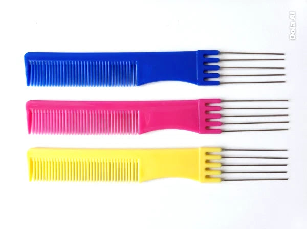 Professional Teaser Comb Metal Prongs Pintail Hair Styling Comb 19cm 3 PACK - 3 different colours