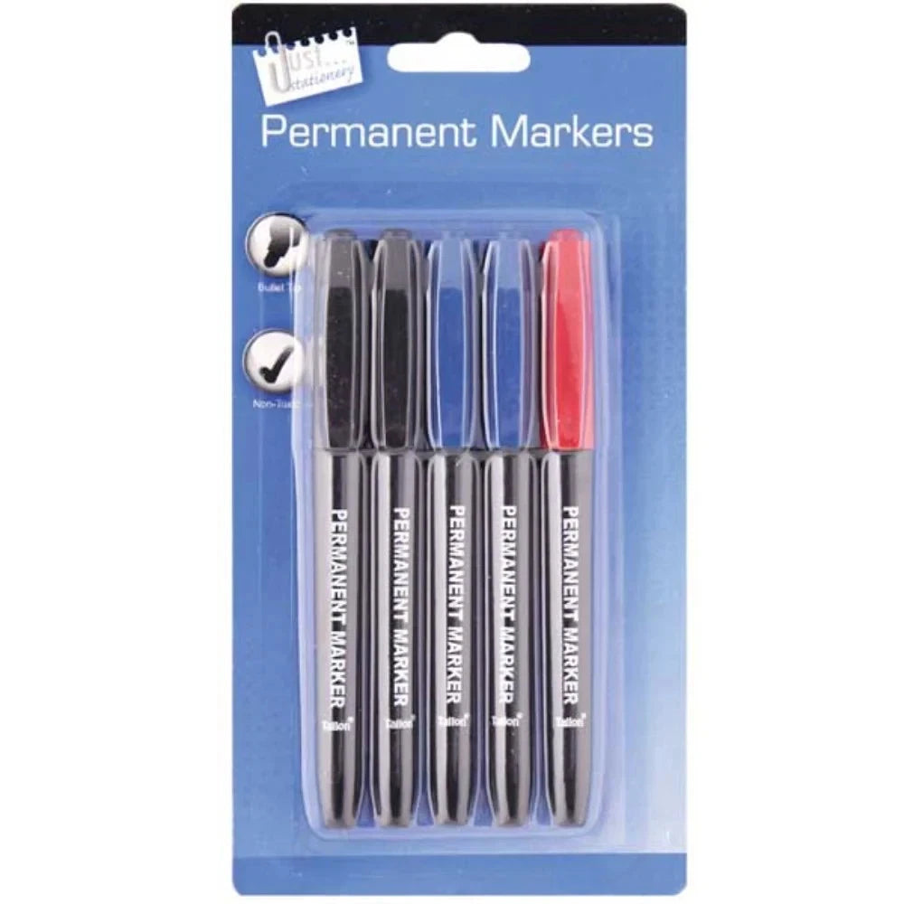 5 Rapid Dry Permanent Markers Bullet Tip Quick Dry - 2 x Black 2 x Blue 1 x Red