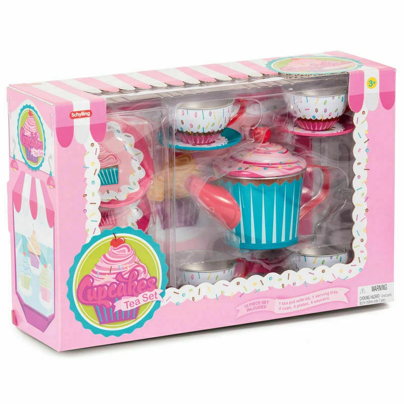 CUPCAKES TIN TEA SET. Kids Playset Pretend Tea Party. 31cm. Multicoloured.