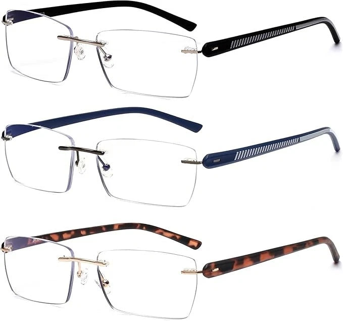 3 Pack Rimless Reading Glasses UV400 2 x Black 1 x Tortoise Shell. +3.0 & +4.0