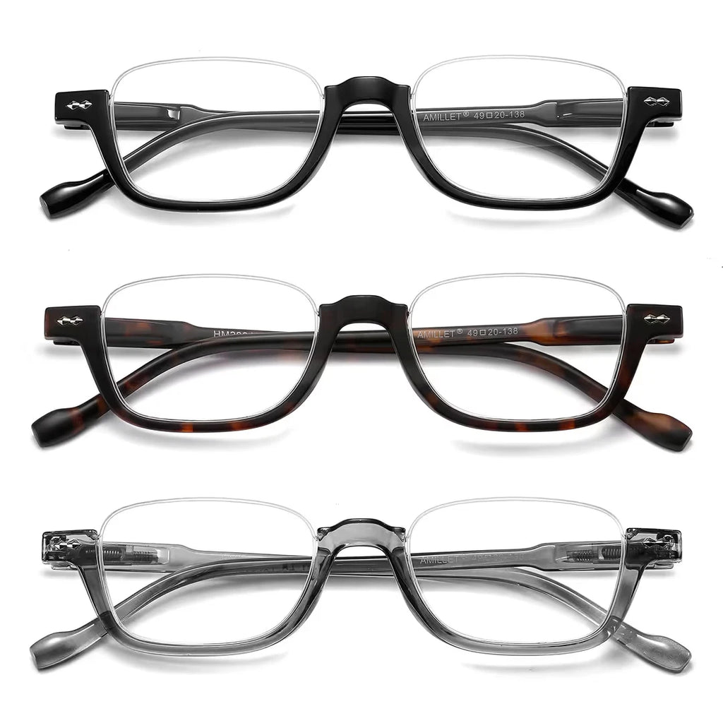 3 Pack Flat Topless Half Rimless Reading Glasses Rectangular Spring Hinges Light. 3 Colours Black/Tortoise/Gold +2.75