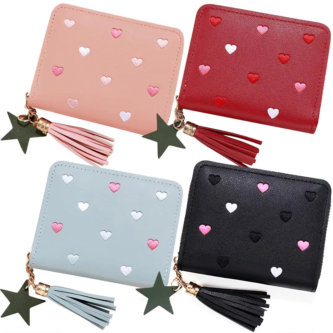 Girls Wallet PU Leather Zipper Coin Card Holder with Embroidered Hearts & Tassel