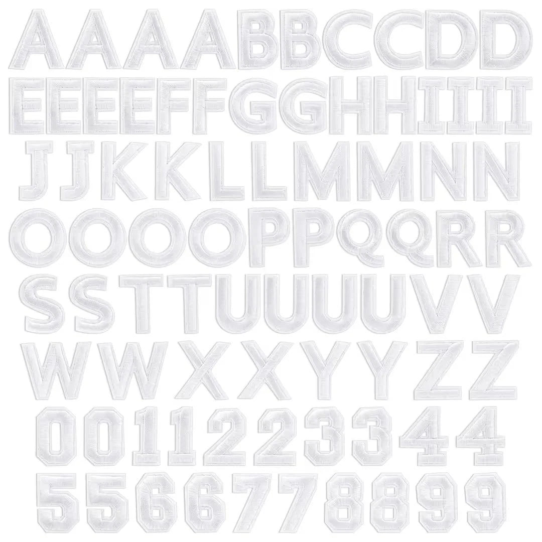 82 Pieces Embroidered Iron on Letter Patches and Numbers for Clothing. White