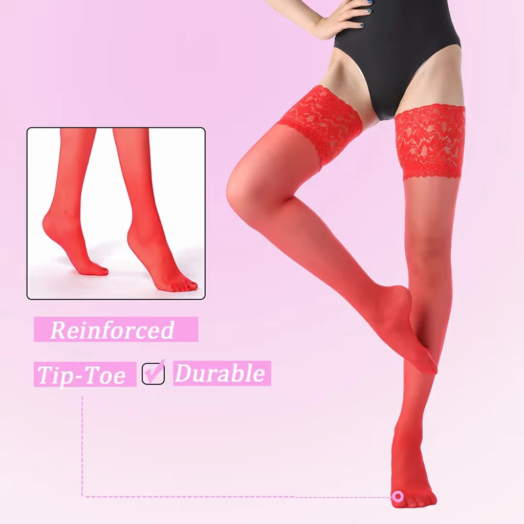 Thigh High Stockings Silicone Lace Top – Red L. - Semi Opaque Sexy & Snug Fit