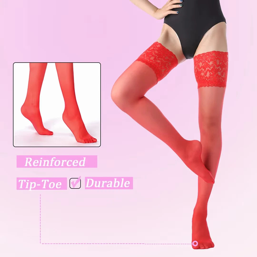 Thigh High Stockings Silicone Lace Top – Red L. - Semi Opaque Sexy & Snug Fit
