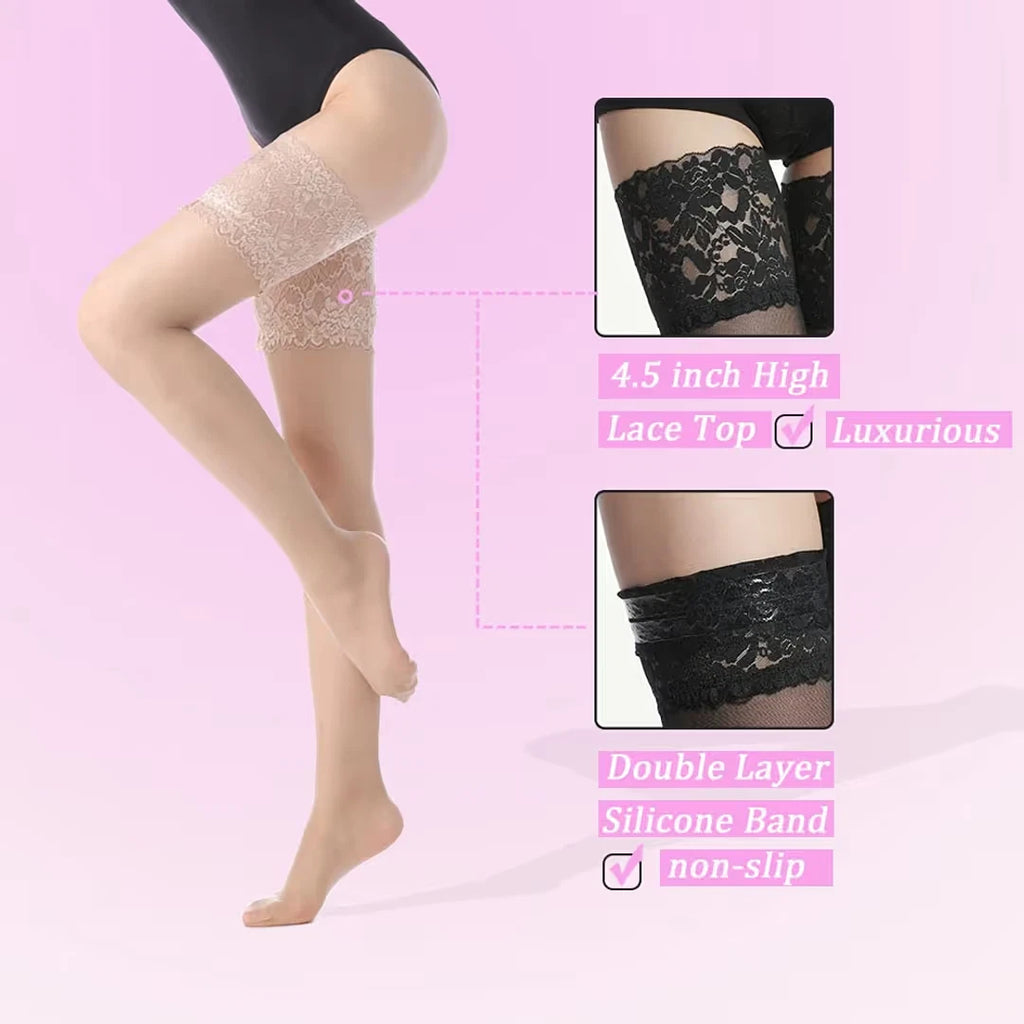 Thigh High Stockings Silicone Lace Top Soft & Silky Sexy Lace Top – Nude M