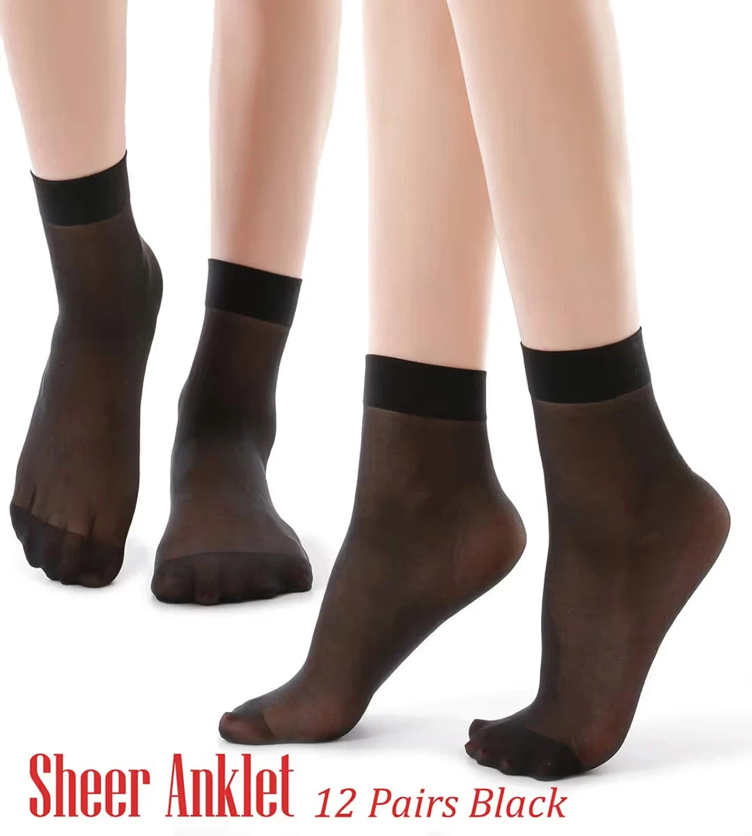 WAKUNA 12 Pairs Women's Ankle High Sheer Silky Socks -20D Nylon Reinforced Toe