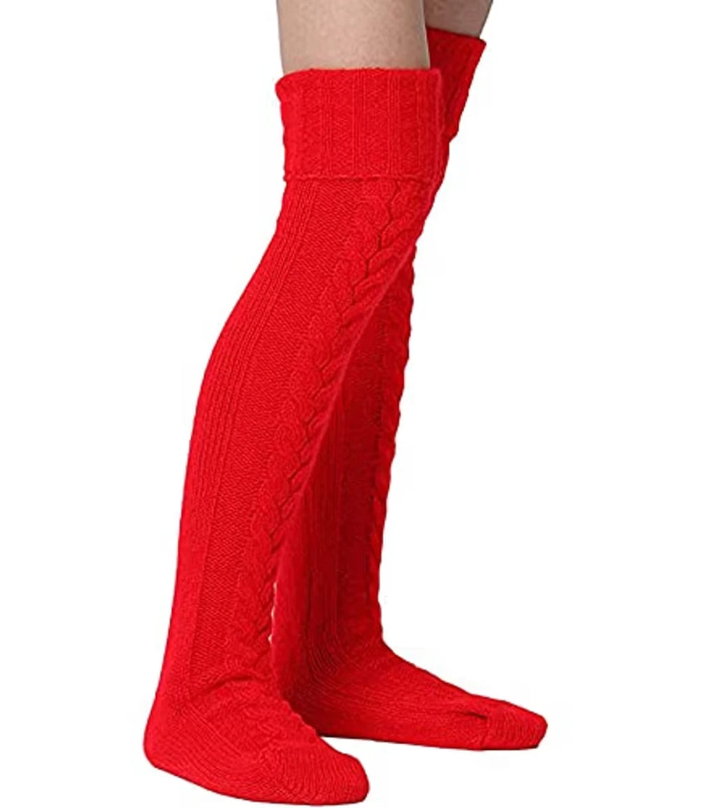 Felcia Women's Long Boot Stocking Twist Knit Socks – Winter Warm Red One Size