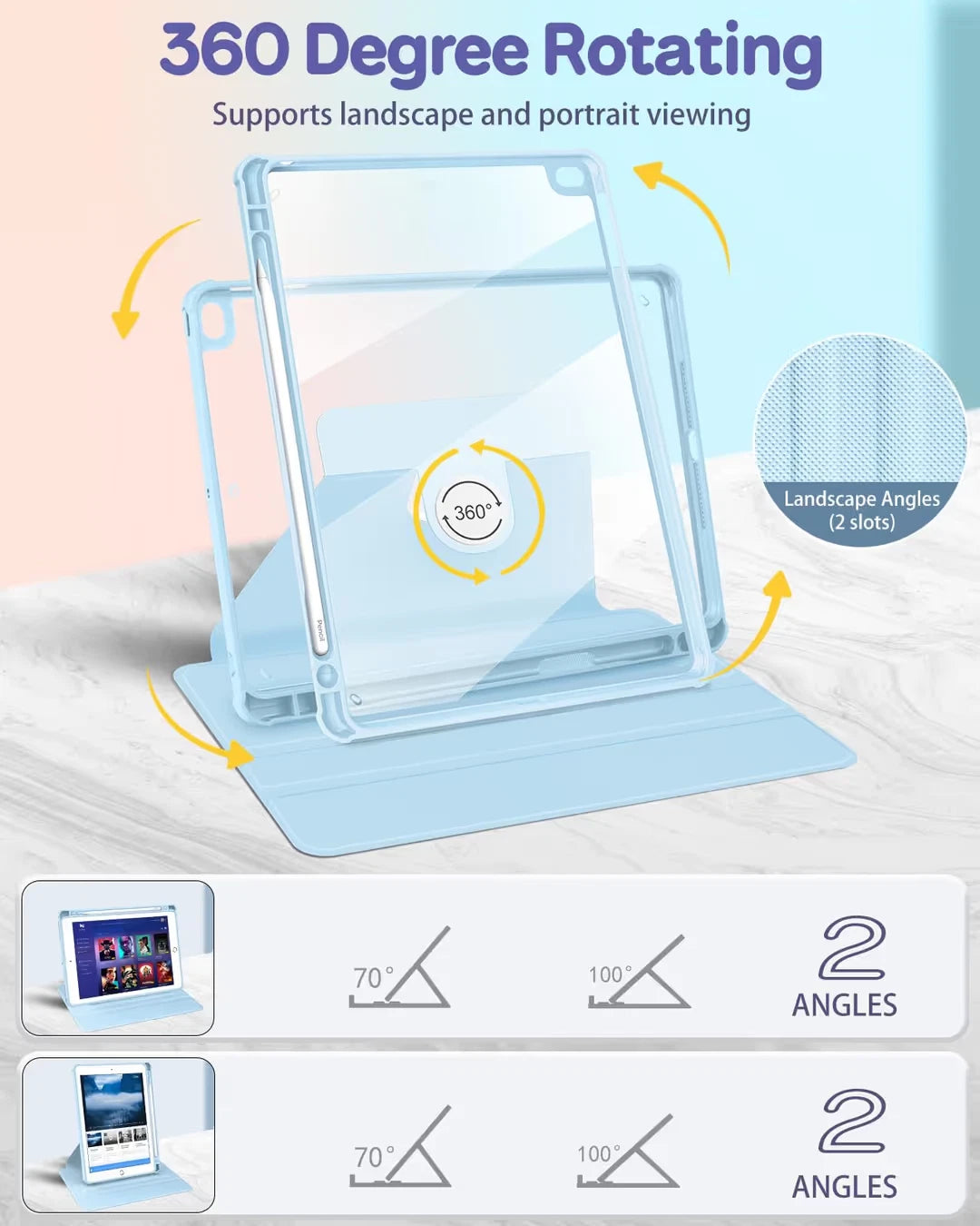 iPad 9.7in Case 360° Rotating Folio Stand Fun Kids Cover with Pencil Holder Blue