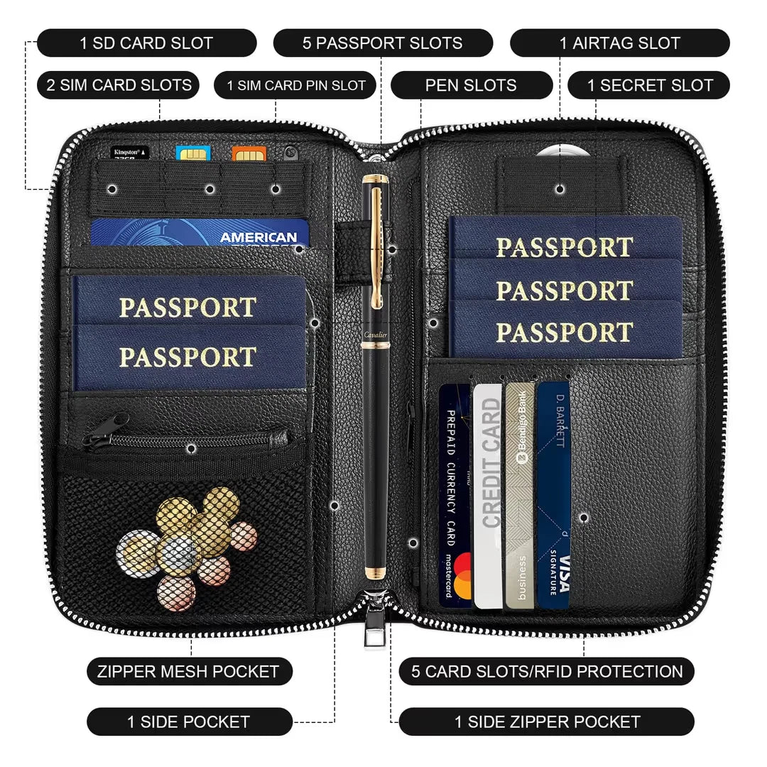 Passport Holder Travel Wallet RFID Blocking for 5 Passports with AirTag Slot BLK