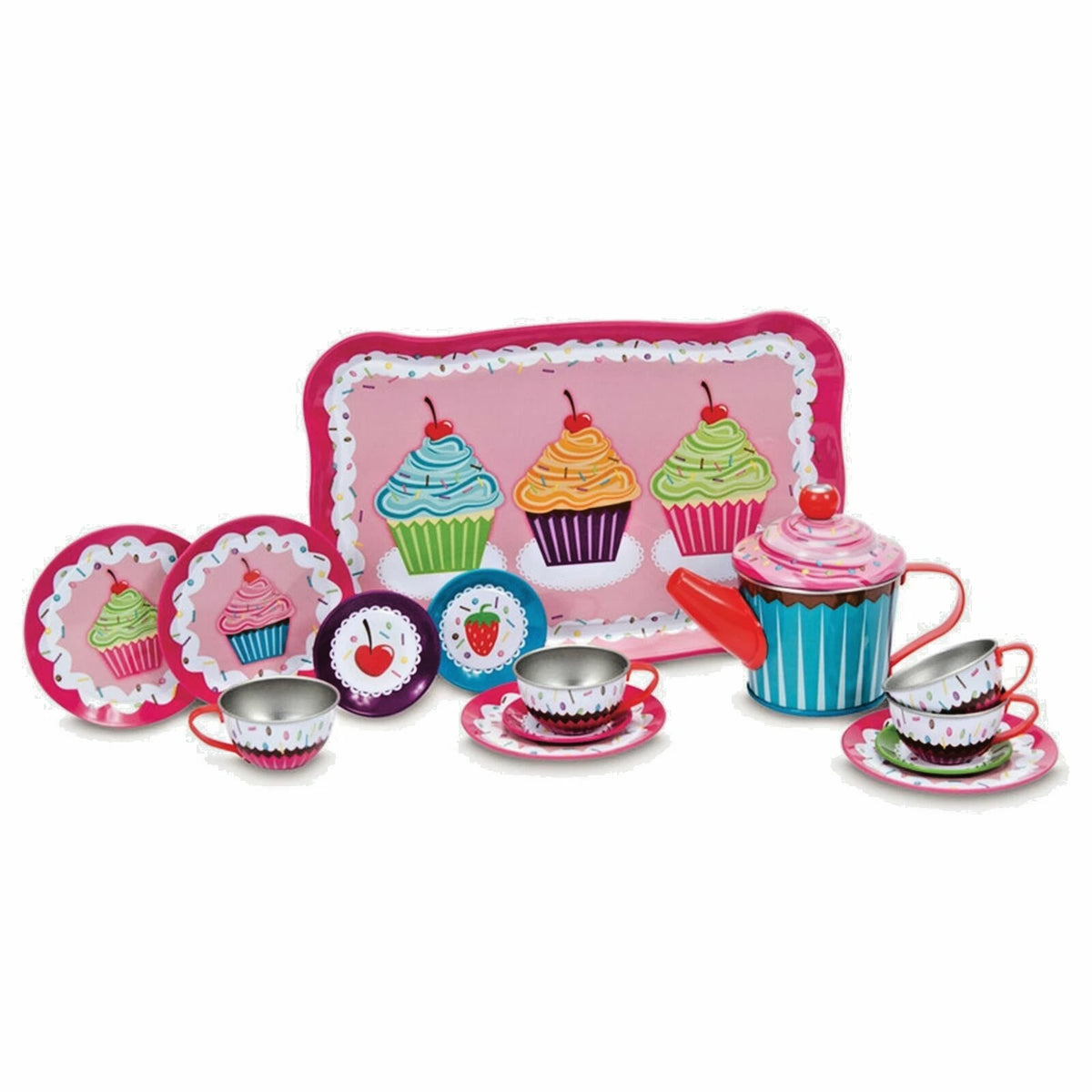 CUPCAKES TIN TEA SET. Kids Playset Pretend Tea Party. 31cm. Multicoloured.