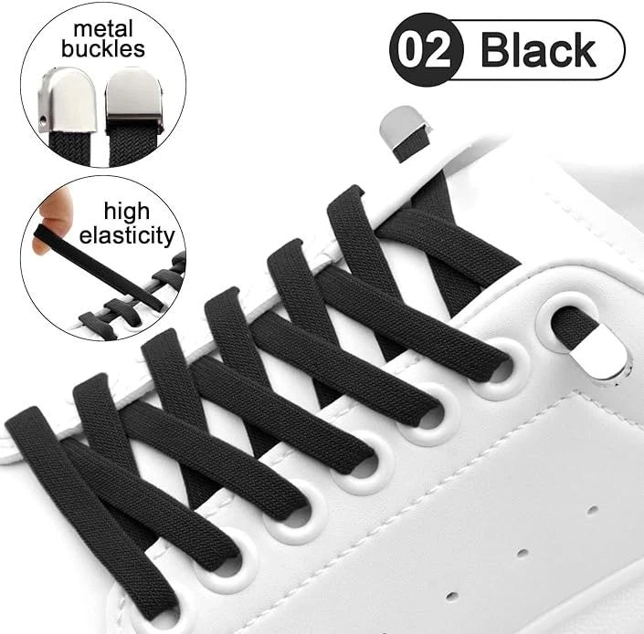 2 Pairs No Tie Elastic Shoelaces: 8mm Wide Flat Laces with Metal Buckle Black