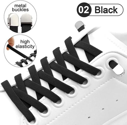 2 Pairs No Tie Elastic Shoelaces: 8mm Wide Flat Laces with Metal Buckle Black