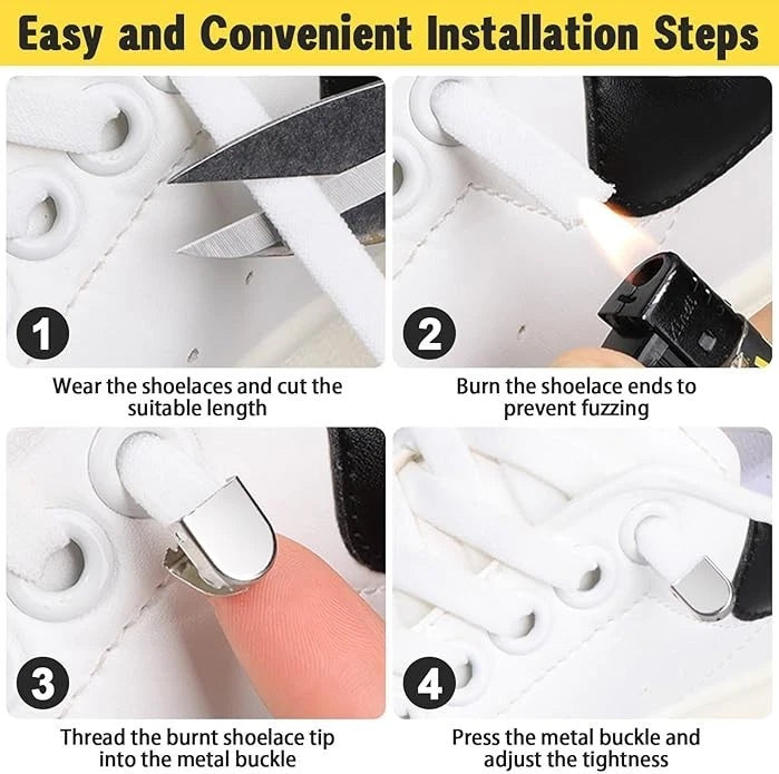 2 Pairs No Tie Elastic Shoelaces: 8mm Wide Flat Laces with Metal Buckle Black