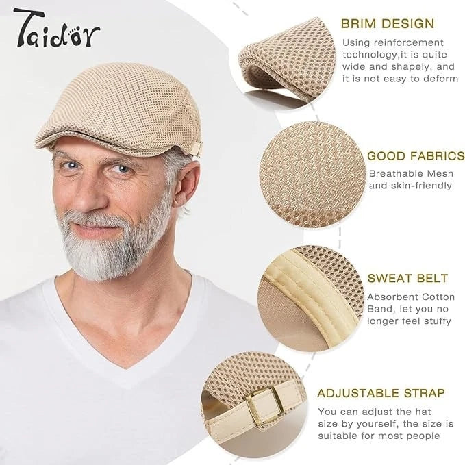 Men's Summer Flat Caps with Breathable Mesh Newsboy Hats for Golf Hiking Running