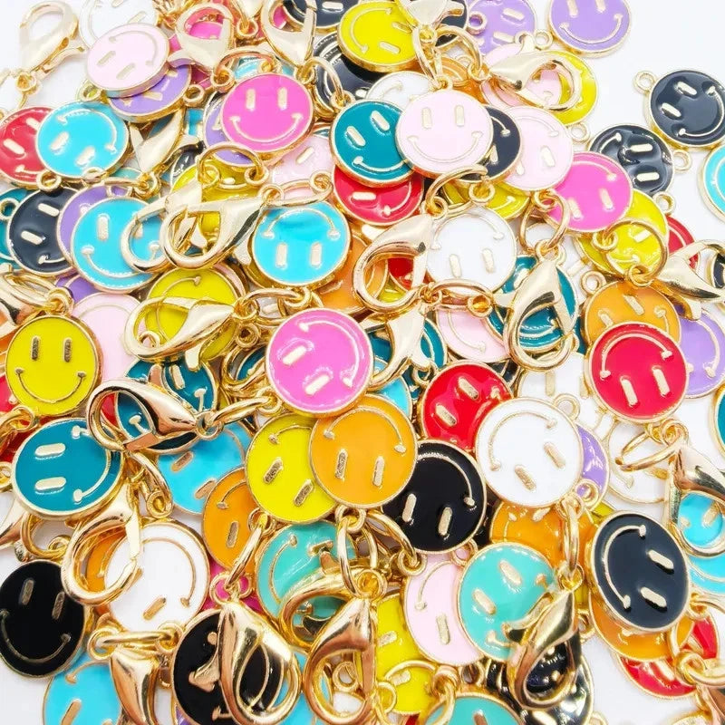 50 x Colourful Smiley Face Enamel Pendant Alloy for Keychain & Bag Accessories