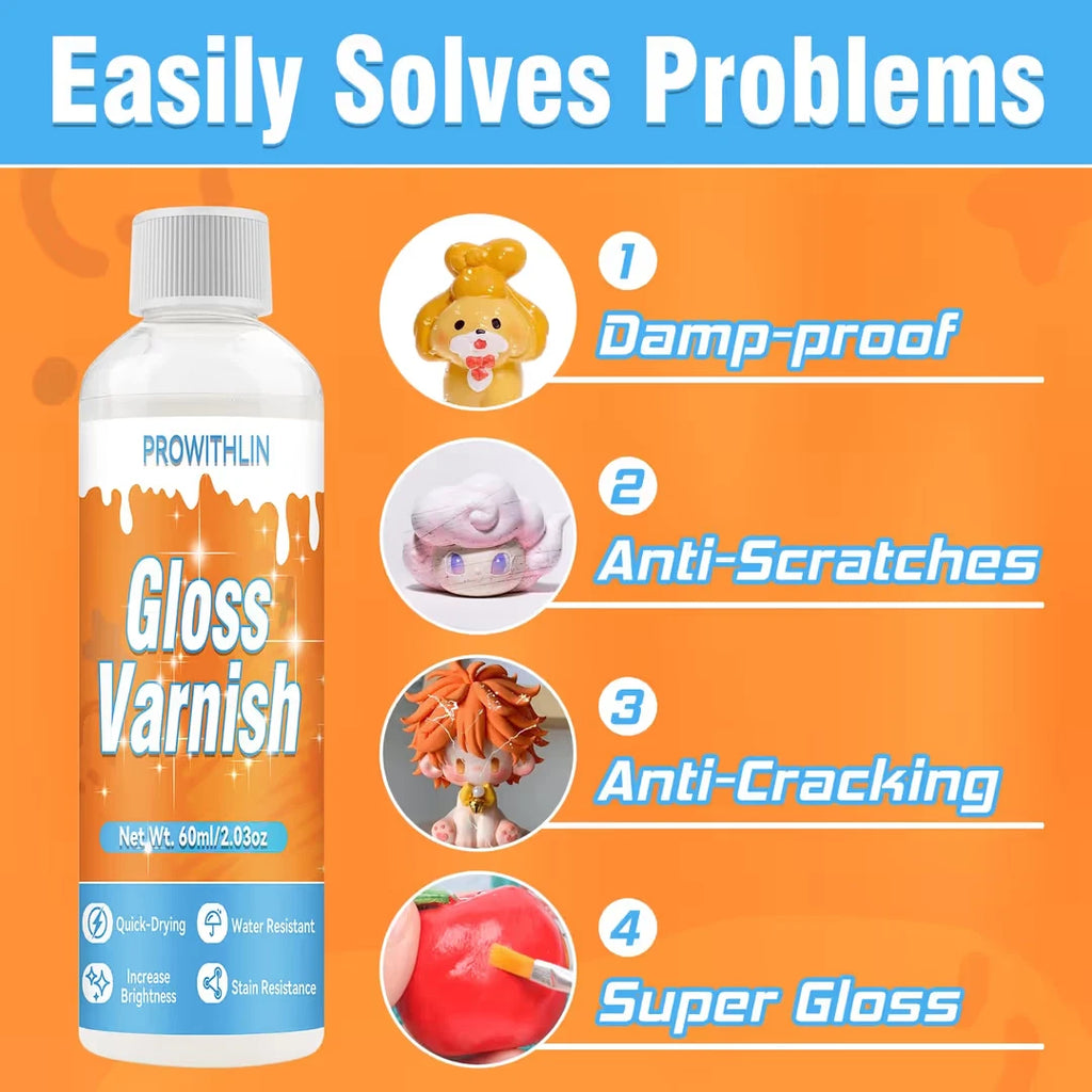 Glossy Clay Varnish 60ml Waterproof for Air-Dry Clay Ceramic & Wood Scratch Resistant