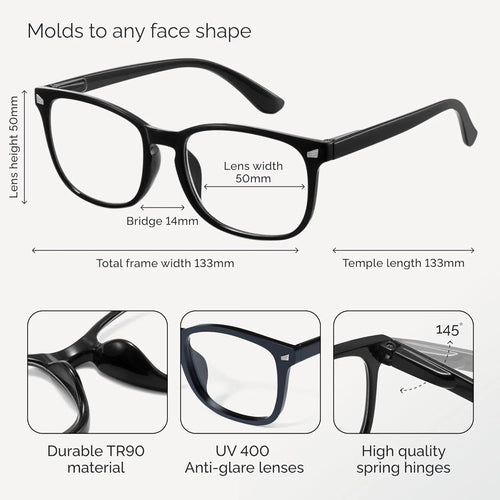 2 Pack Reading Computer Glasses Stylish Blue Light Readers 1 Black, 1 Clear. Various Strenghts.