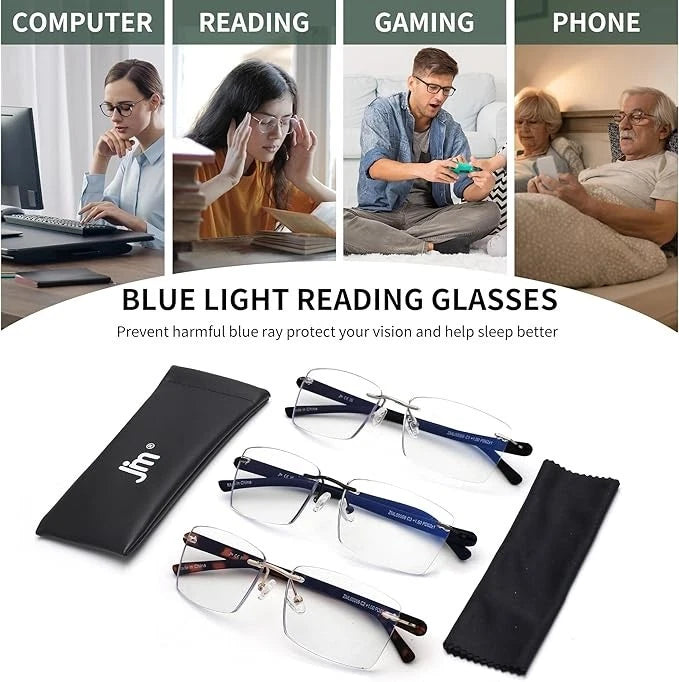 3 Pack Rimless Reading Glasses UV400 2 x Black 1 x Tortoise Shell. +3.0 & +4.0