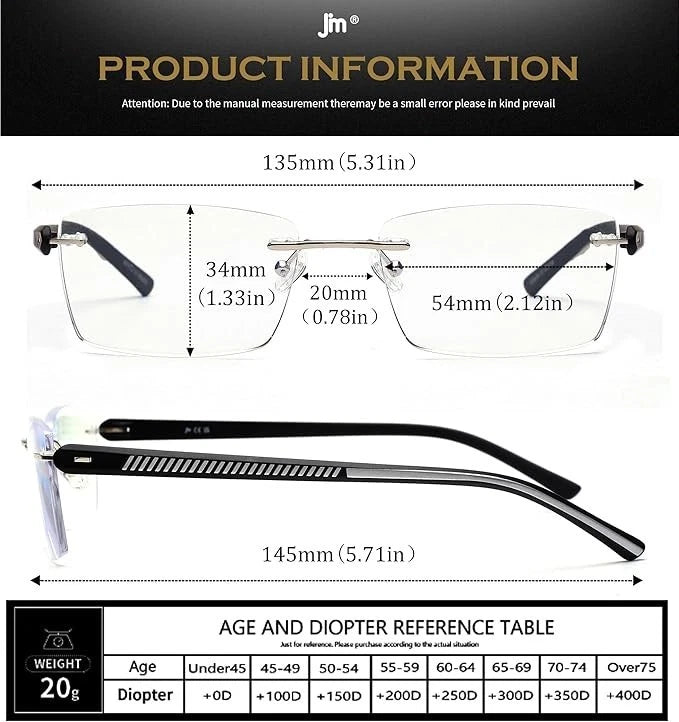 3 Pack Rimless Reading Glasses UV400 2 x Black 1 x Tortoise Shell. +3.0 & +4.0
