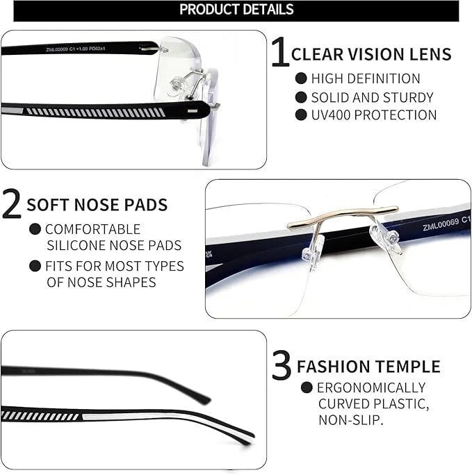 3 Pack Rimless Reading Glasses UV400 2 x Black 1 x Tortoise Shell. +3.0 & +4.0