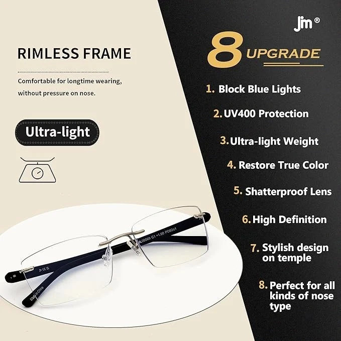 3 Pack Rimless Reading Glasses UV400 2 x Black 1 x Tortoise Shell. +3.0 & +4.0