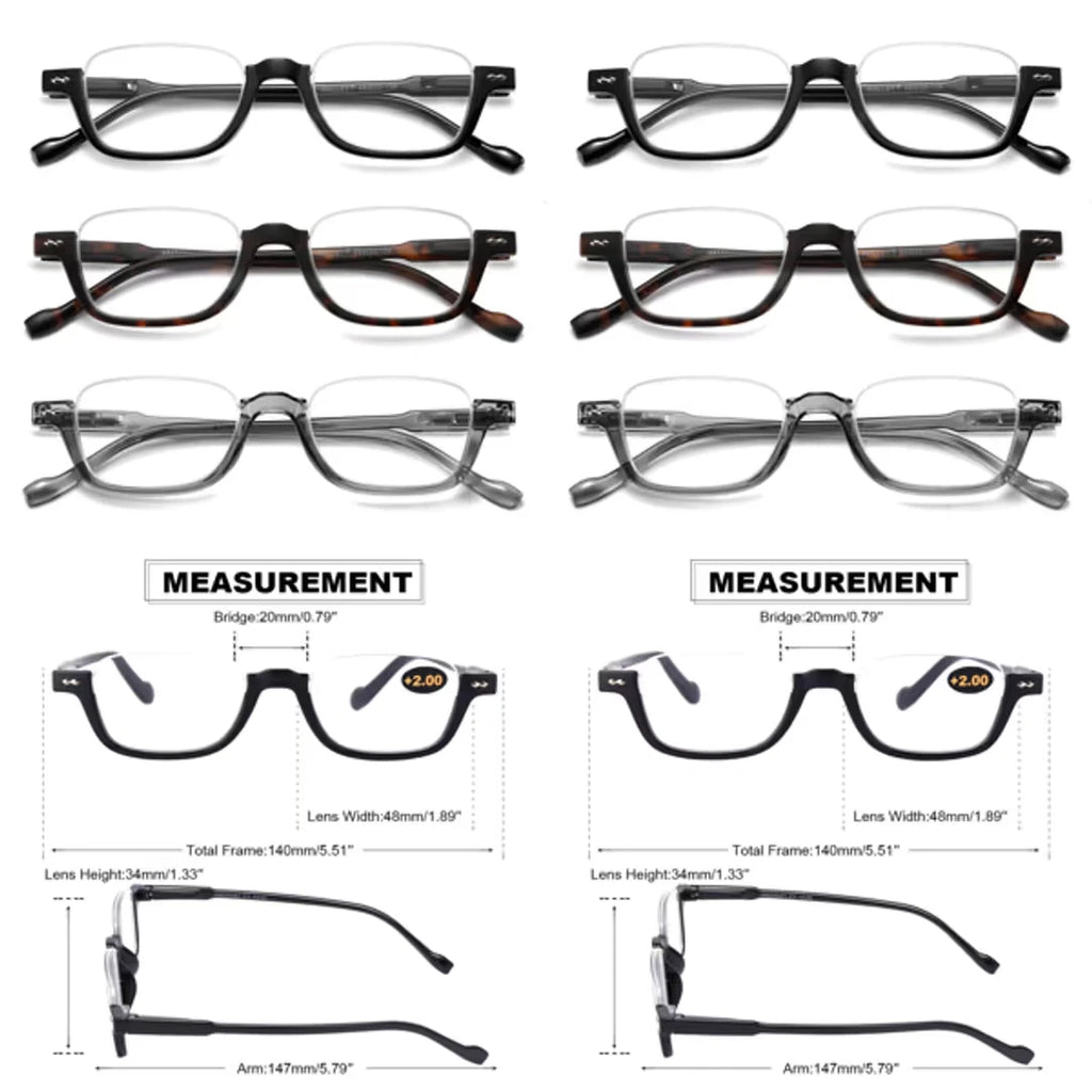 3 Pack Flat Topless Half Rimless Reading Glasses Rectangular Spring Hinges Light. 3 Colours Black/Tortoise/Gold +2.75