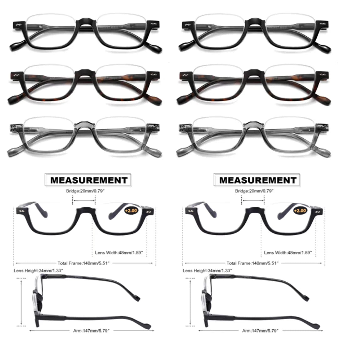 3 Pack Flat Topless Half Rimless Reading Glasses Rectangular Spring Hinges Light. 3 Colours Black/Tortoise/Gold +2.75