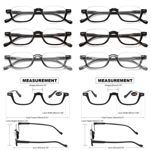 3 Pack Flat Topless Half Rimless Reading Glasses Rectangular Spring Hinges Light. 3 Colours Black/Tortoise/Gold +2.75