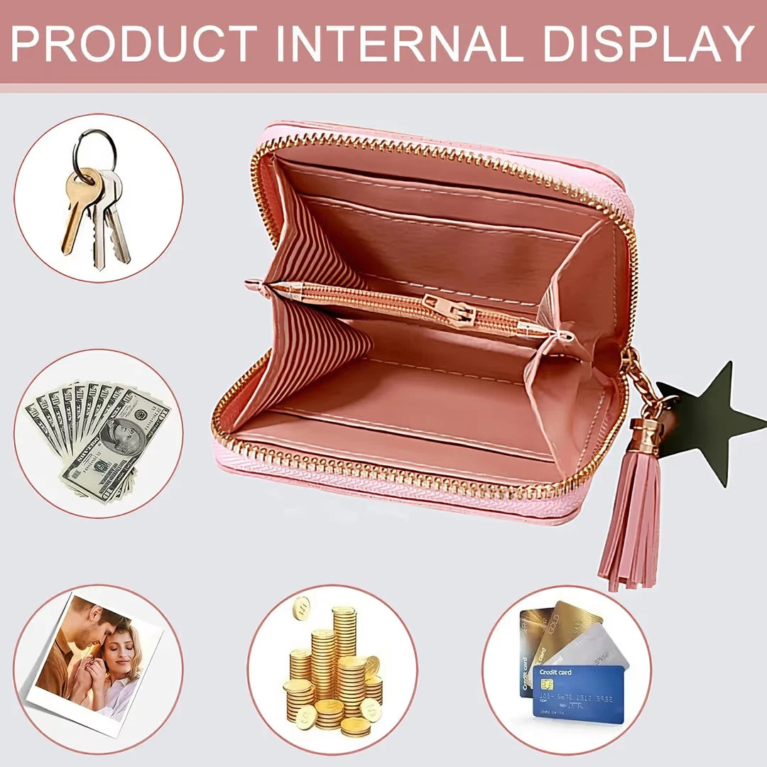 Girls Wallet PU Leather Zipper Coin Card Holder with Embroidered Hearts & Tassel