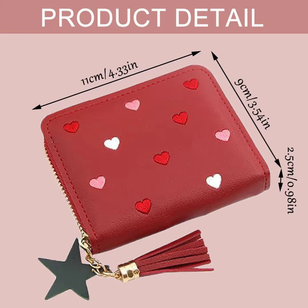 Girls Wallet PU Leather Zipper Coin Card Holder with Embroidered Hearts & Tassel
