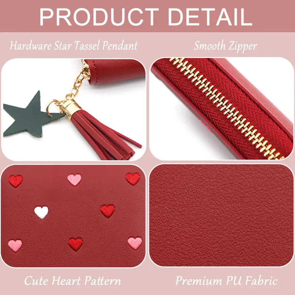 Girls Wallet PU Leather Zipper Coin Card Holder with Embroidered Hearts & Tassel